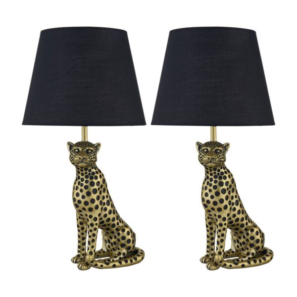 Set of 2 Bella - Gold Cheetah Table Lamps with Black Fabric Shades