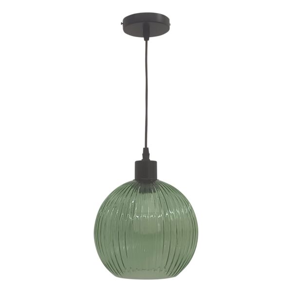 Betchley - Green Ribbed Glass Globe with Black Pendant Fitting