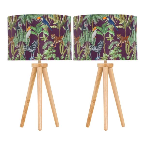 Set of 2 Light Oak Table Lamp Bedside Lights with Safari Velvet Shades