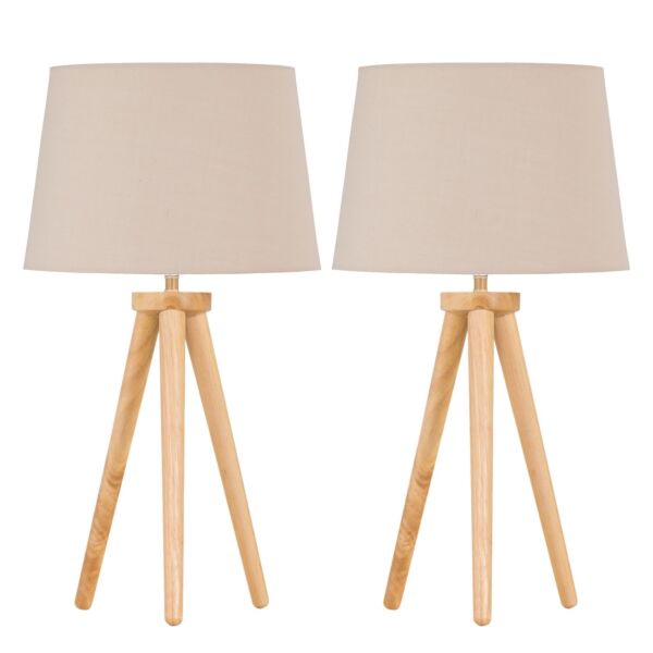 Set of 2 Light Oak Table Lamp or Bedside Lights with Natural Shades