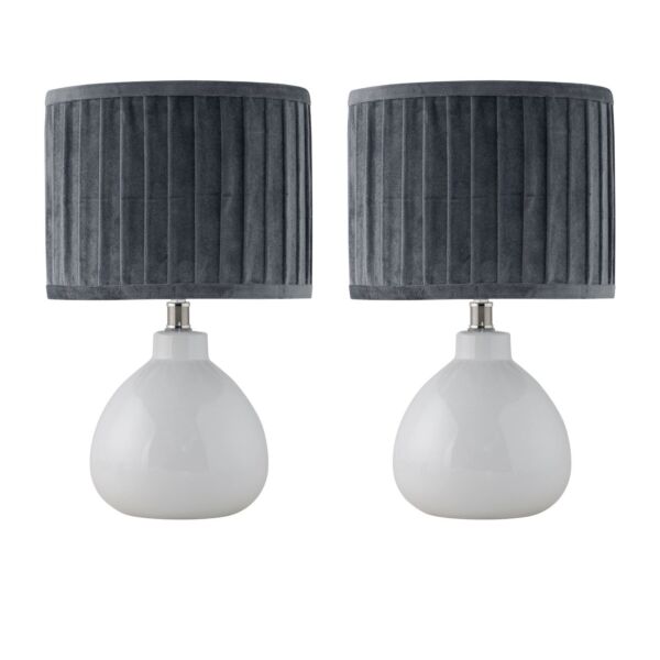 Set of 2 Tuscan - White Ceramic Lamps with Grey Pleated Velvet Shade