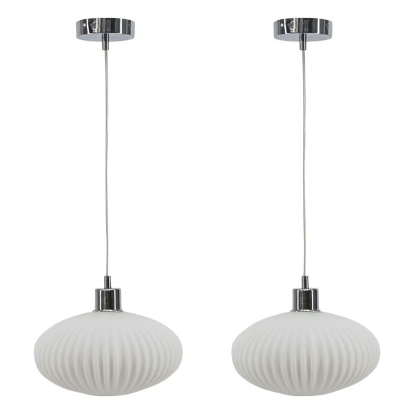 Set of 2 Baton - White Ribbed Oval Glass with Chrome Pendant Fittings