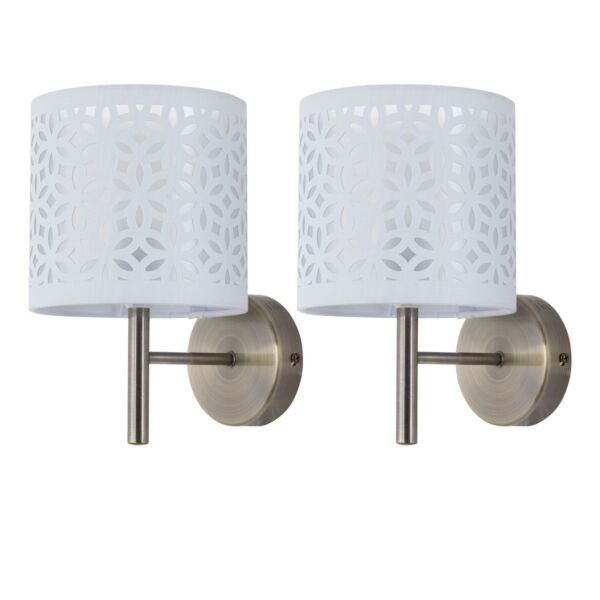 Set of 2 Brea - Antique Brass Wall Lights with White Cut Out Shade
