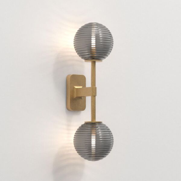 Astro Lighting - Tacoma Twin 1429008 & 5036005 - IP44 Antique Brass Wall Light with Smoked Ribbed Glass Shades