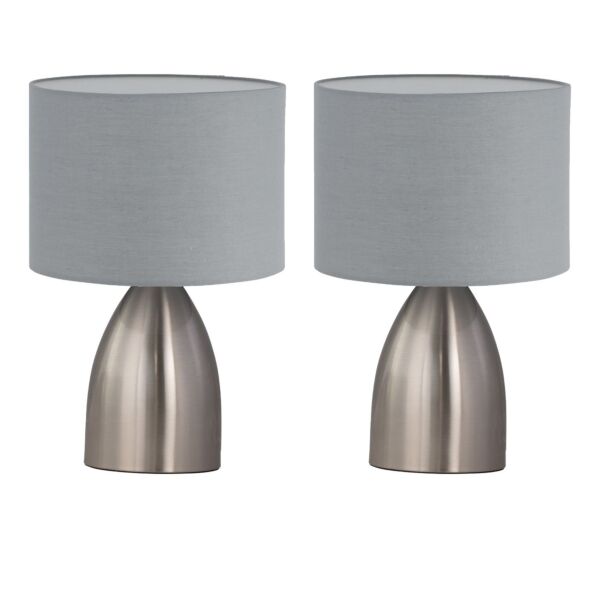Set of 2 Valentina - Brushed Chrome Touch Lamps with Grey Shades