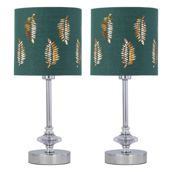Set of 2 Chrome Jewelled Table Lamps with Dark Green Fern Shades