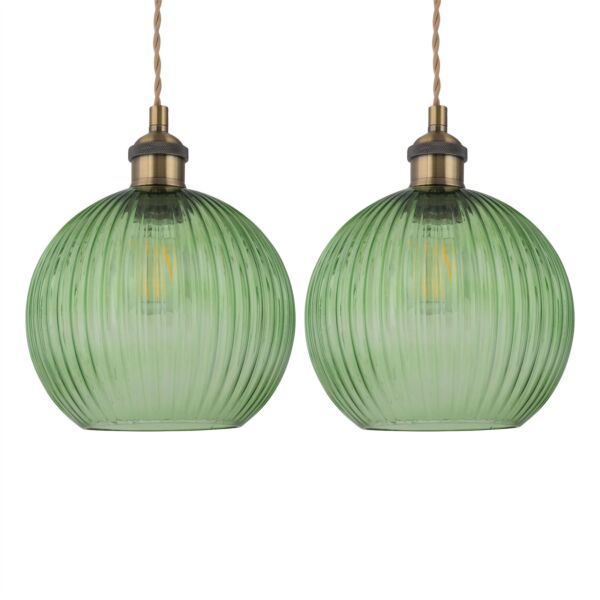 Set of 2 Betchley - Antique Brass Braided Pendants with Green Shade