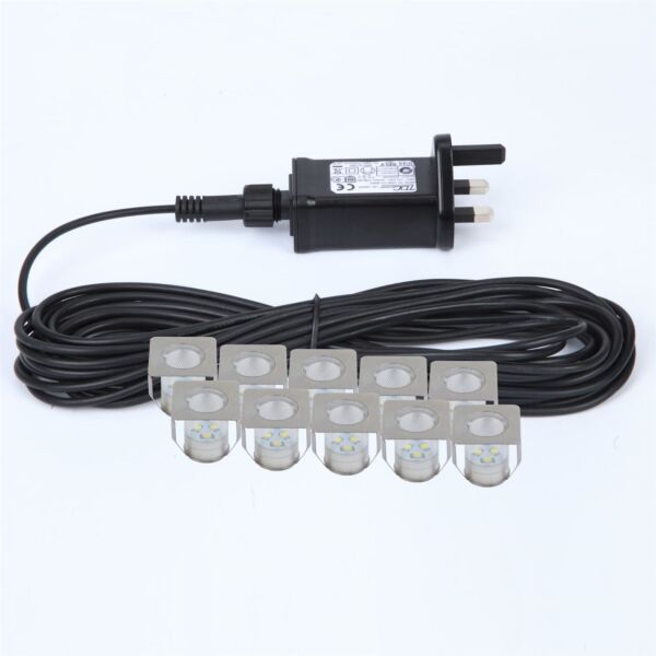 Set of 10 - 30mm Square Stainless Steel IP67 Blue LED Plinth Decking Kit