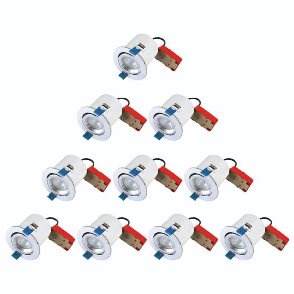 Set of 10 - Chrome Fire Rated Tilt Recessed Ceiling Downlights with Warm White LED Bulb