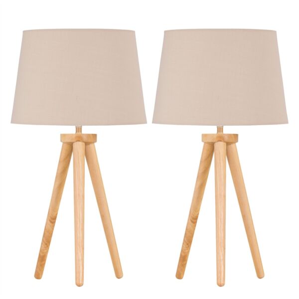Set of 2 Light Oak Table Lamp or Bedside Lights with Natural Shades