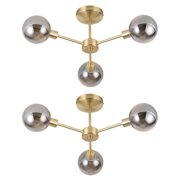Set of 2 Toner - Satin Brass with Smoke Glass Globes 3 Light Flush Ceiling Lights