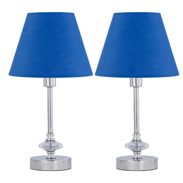 Set of 2 Chrome Jewelled Table Lamps with Royal Blue Shades