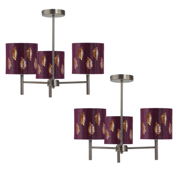 Set of 2 Brea - Antique Brass 3 Light Fittings with Burgundy Shades