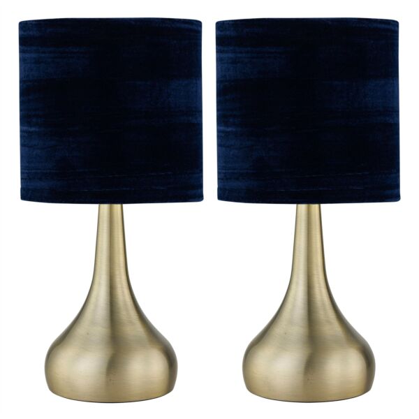Set of 2 Romana - Antique Brass Touch Operated Table Lamps Bedside Lights Navy Blue Crushed Velvet Shade