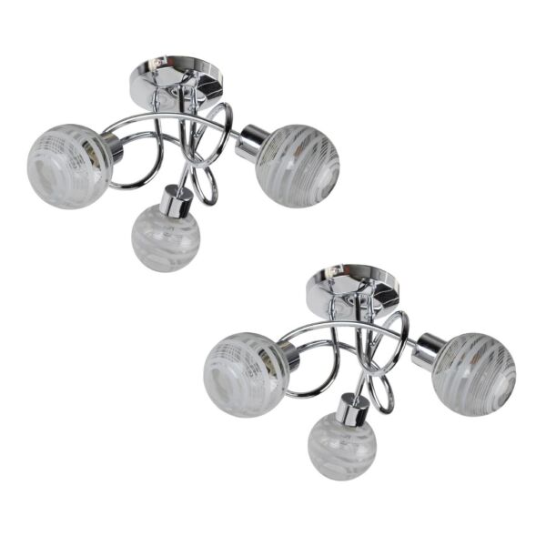 Set of 2 Cafe - Chrome with Striped Glass 3 Light Flush Ceiling Lights