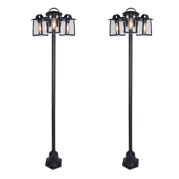 Set of 2 Kelsey - Black Clear Glass 3 Light IP44 Outdoor Lamp Posts