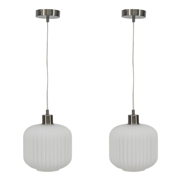 Set of 2 Bento - White Ribbed Glass with Satin Nickel Pendant Fittings