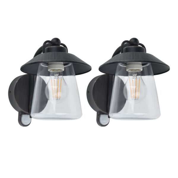 Set of 2 Cate - Rustic Black Clear Glass IP44 30379 Outdoor Sensor Wall Lights