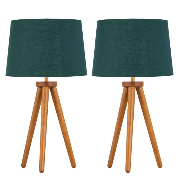 Set of 2 Dark Oak Table Lamp or Bedside Lights with Green Gold Shades