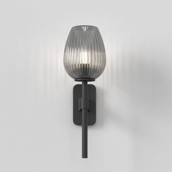Astro Lighting - Tacoma Single 1429004 & 5036008 - IP44 Matt Black Wall Light with Smoked Ribbed Tulip Glass Shade