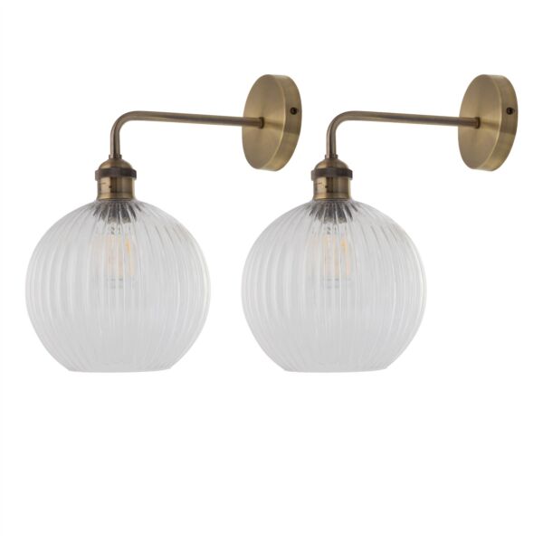 Set of 2 Isaac - Antique Brass Wall Lights with Clear Ribbed Shades