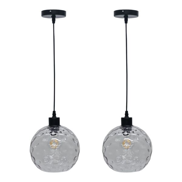 Set of 2 Barnum - Clear Dimple Glass Globe with Black Pendant Fittings