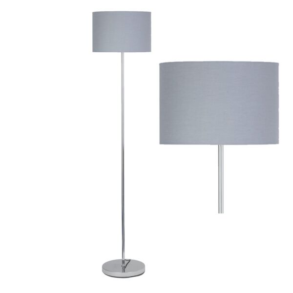 Chrome Stick Floor Lamp with Grey Cotton Shade