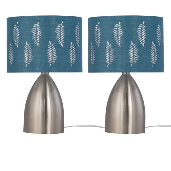 Set of 2 Valentina - Brushed Chrome Touch Lamps with Teal Fern Shades
