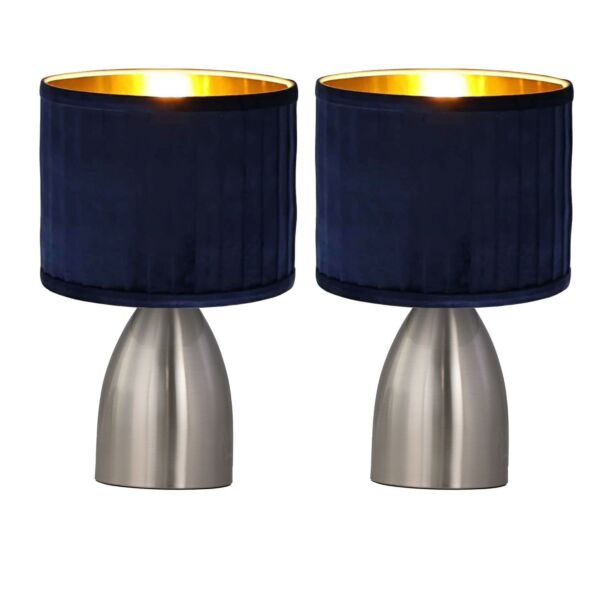 Set of 2 Valentina - Brushed Chrome Touch Lamps with Navy Pleated Velvet Shades