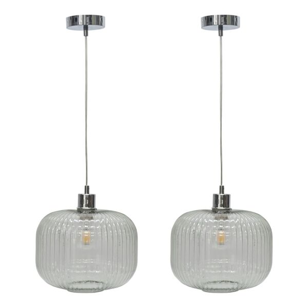 Set of 2 Batley Large - Clear Ribbed Glass with Chrome Pendant Fittings