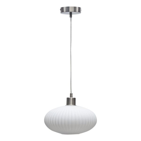 Baton - White Ribbed Oval Glass with Satin Nickel Pendant Fitting