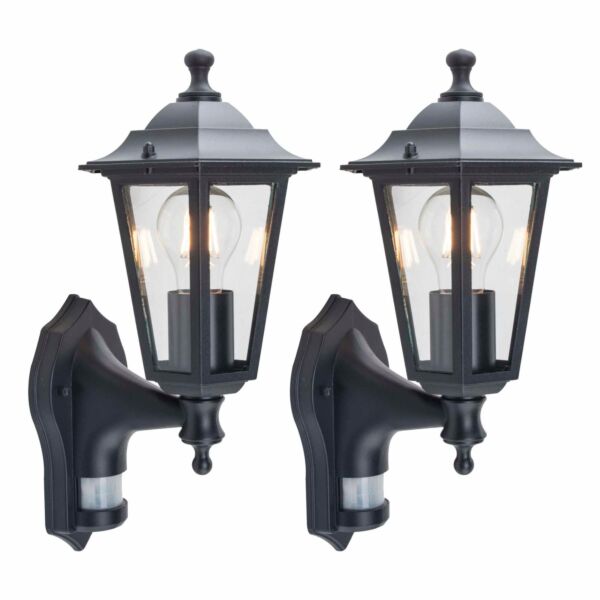 Set of 2 Eversham - Black Six Sided Lantern Motion Sensor Outdoor Lights