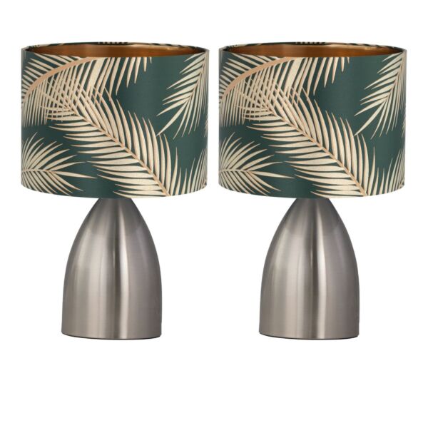 Set of 2 Valentina - Brushed Chrome Touch Lamps with Green Embossed Shades