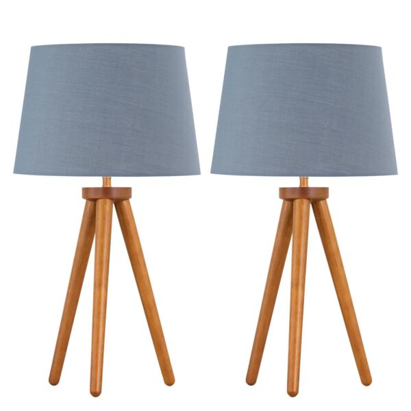 Set of 2 Dark Oak Table Lamp or Bedside Lights with Grey Shades