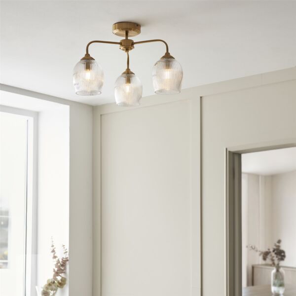 Endon Lighting - Ashcroft - 120617 - Aged Brass Clear Ribbed Glass 3 Light Flush Ceiling Light