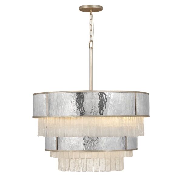 Quintiesse - Reverie - QN-REVERIE-12P-CPG - Hammered Stainless Steel Champagne Gold Frosted Crystal Glass 12 Light Ceiling Pendant Light