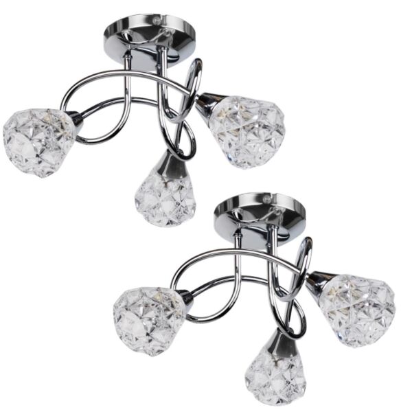 Set of 2 Oto - Chrome with Clear Textured Glass 3 Light Flush Ceiling Lights
