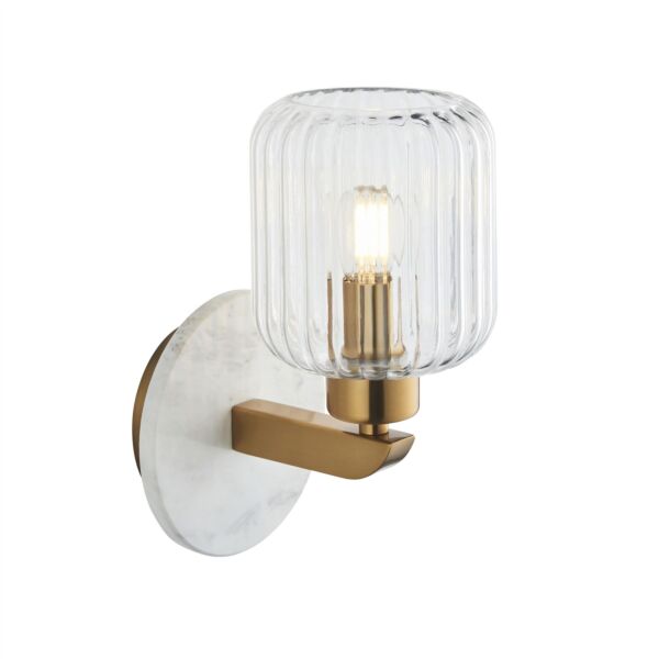 Endon Lighting - Travi - 120666 - Vintage Brass White Marble Clear Ribbed Glass Wall Light