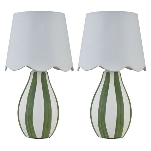 Set of 2 Connie - Green and White Stripe Ceramic Table Lamps