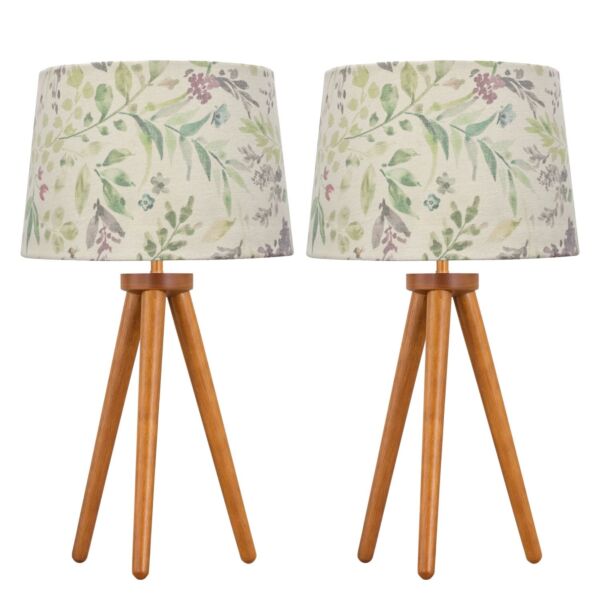 Set of 2 Dark Oak Table Lamp or Bedside Lights with Floral Shades