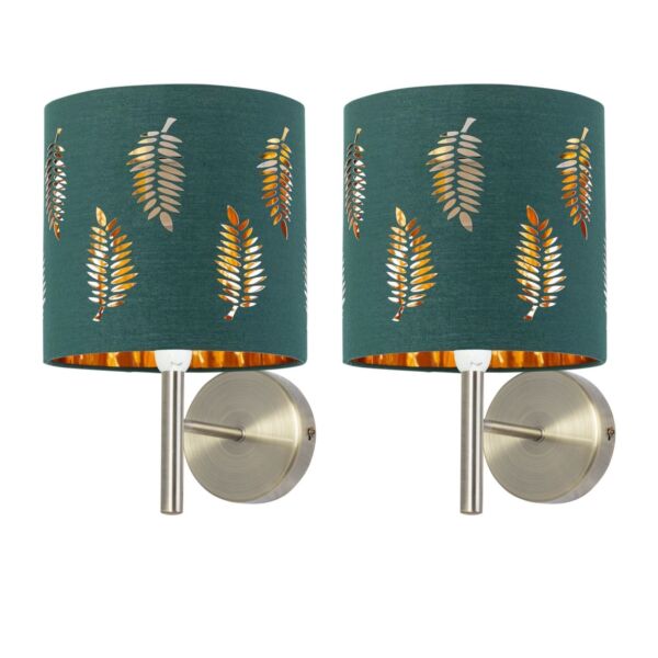 Set of 2 Brea - Antique Brass Wall Lights with Dark Green Fern Shades