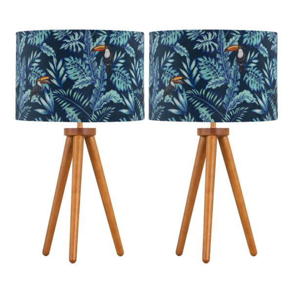 Set of 2 Dark Oak Table Lamp or Bedside Lights with Toucan Shades