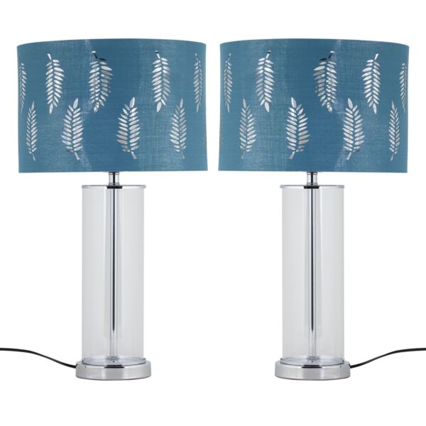 Set of 2 Aura - Chrome Table Lamps with Teal Fern Cut Out Shades