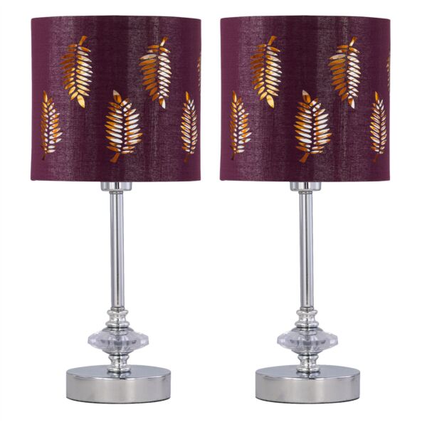 Set of 2 Chrome Jewelled Table Lamps with Burgundy Fern Shades