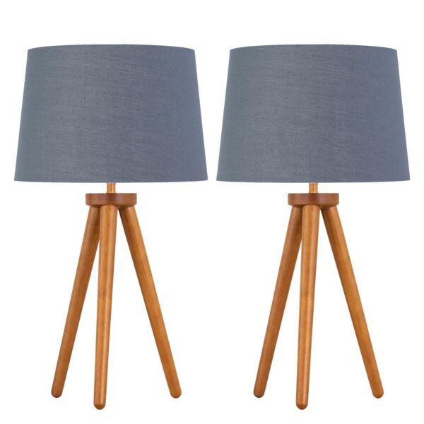 Set of 2 Dark Oak Table Lamp or Bedside Lights with Grey Gold Shades