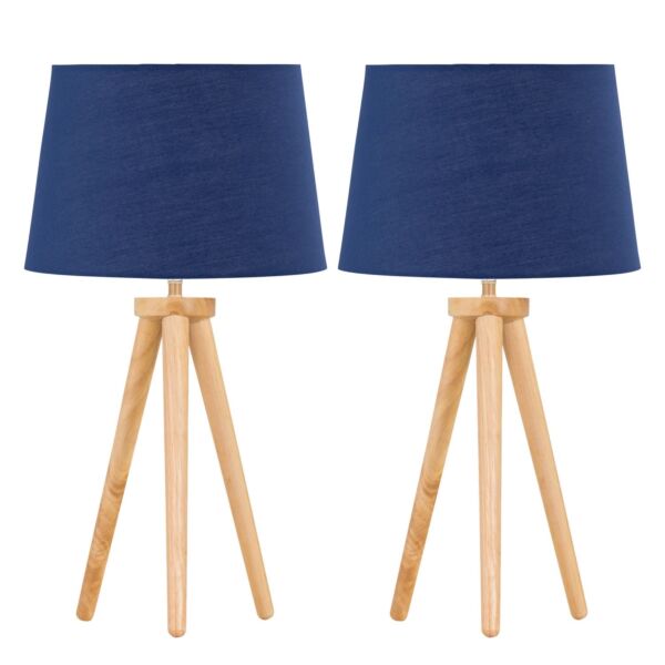 Set of 2 Light Oak Table Lamp or Bedside Lights with Navy Blue Shades