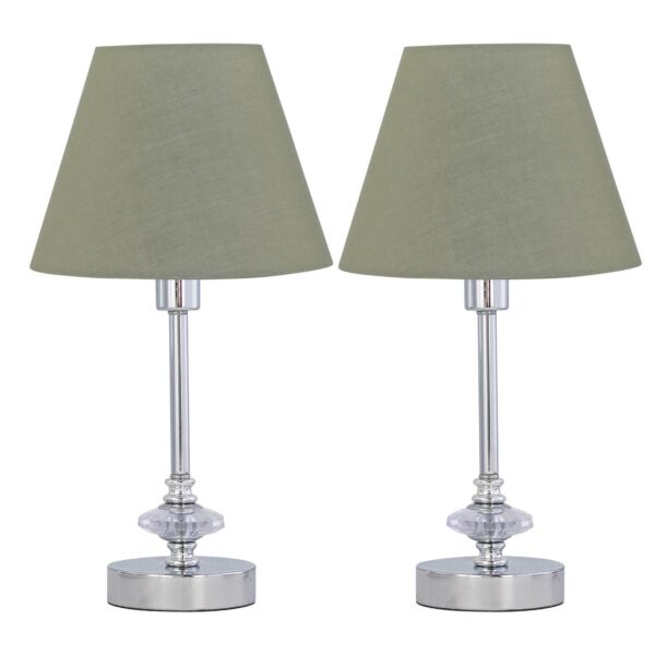 Set of 2 Chrome Jewelled Table Lamps with Sage Green Shades