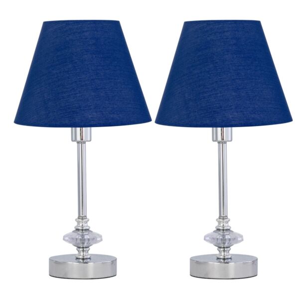 Set of 2 Chrome Jewelled Table Lamps with Navy Blue Shades