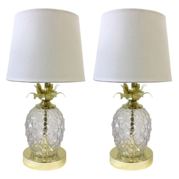 Pair of Gold Pineapple Touch Lamps with White Shades