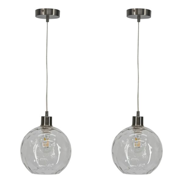 Set of 2 Barnum - Clear Dimple Glass Globe with Satin Nickel Pendant Fittings